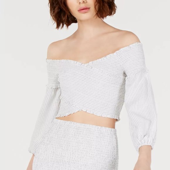 Guess Trixie White Stripe Smocked Off Shoulder Wrap Cross Long Sleeve Crop Top - Picture 6 of 9